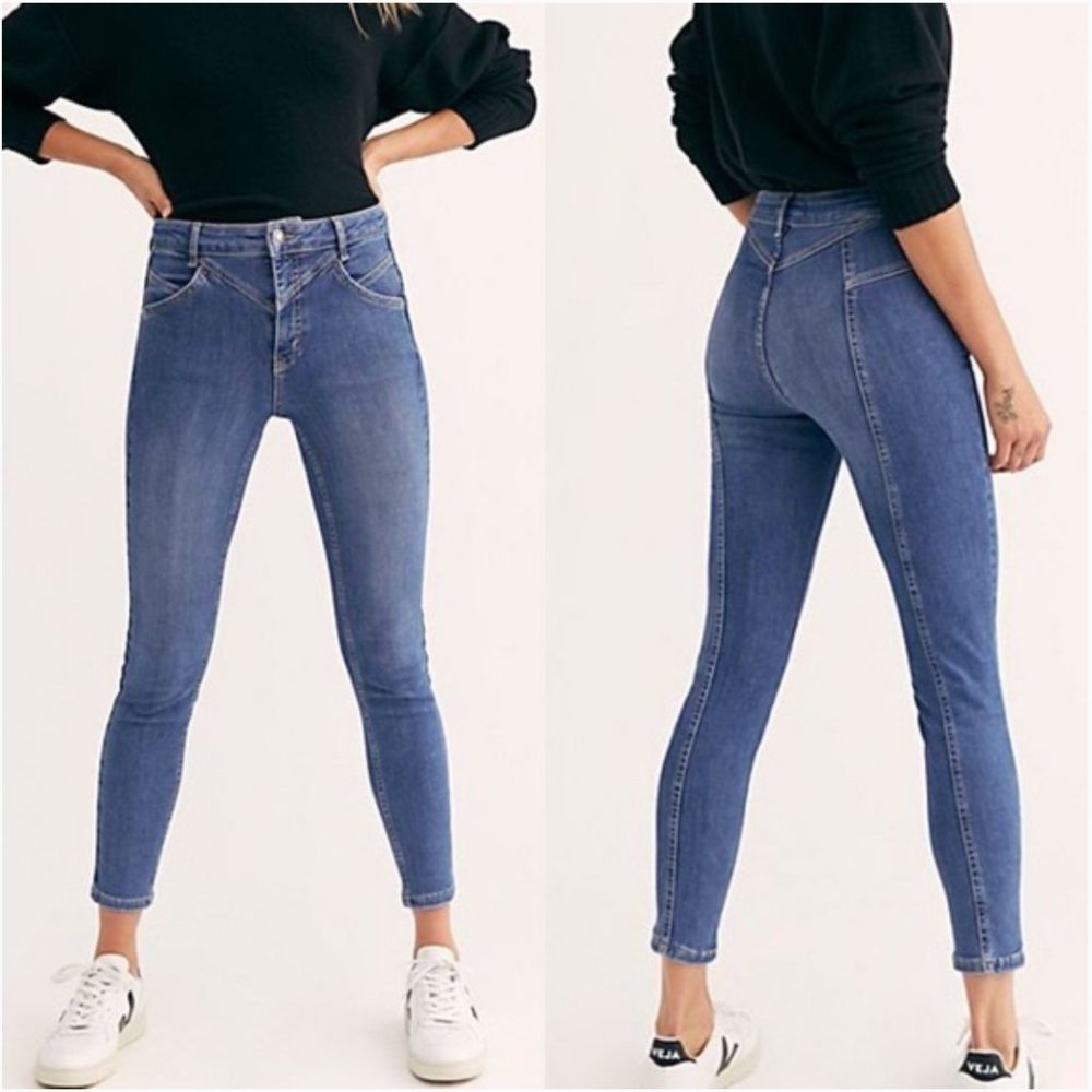 We The Free Free People Women's Blue Riley Seamed Skinny Jeans